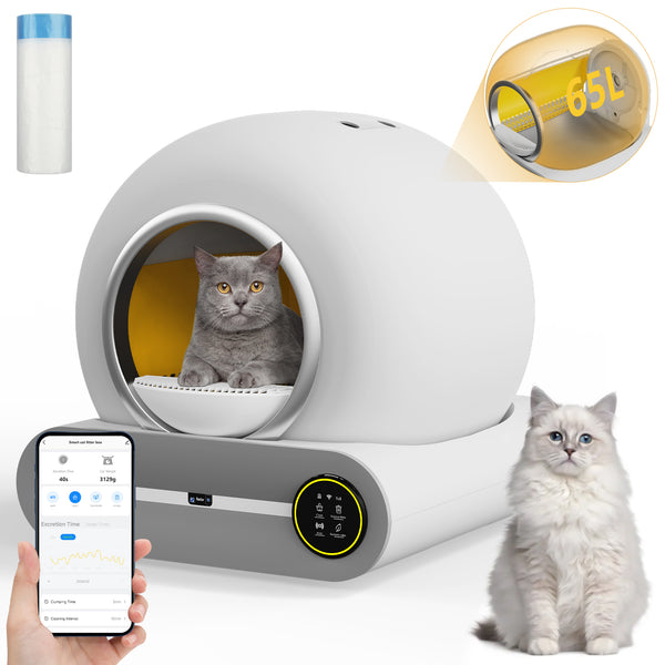 Smart Self-Cleaning Litter Box - 65L+9L Capacity, App Control, and Mess-Free Design for Multiple Cats, White